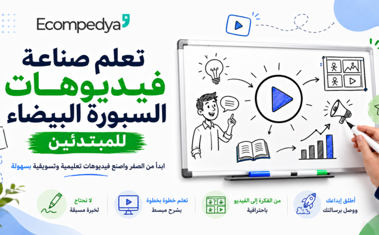 صورة مميزة لدورة تعلم صناعة فيديوهات السبورة البيضاء للمبتدئين من Ecompedya، تعرض سبورة بيضاء مع رسومات تعليمية وأيقونة تشغيل وفكرة وإبداع، مع توضيح أن الدورة تساعد المتعلم على إنشاء فيديوهات تعليمية وتسويقية بسهولة من الصفر.